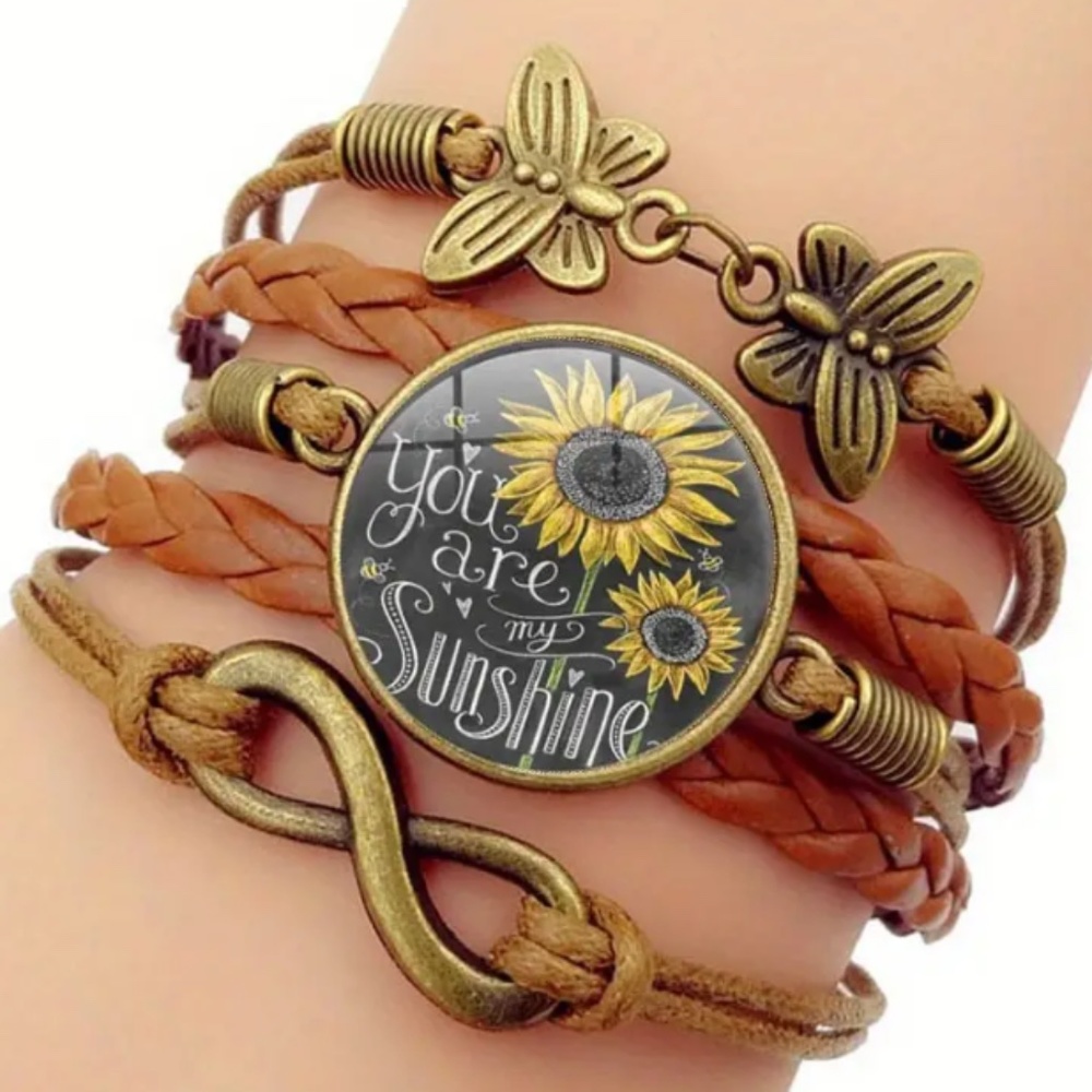 You Are My Sunshine Leather Braided Multi Layer Unisex Adjustable Bracelet Brown